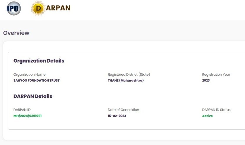 NITI Aayog Darpan Certificate - Sahyog Foundation Trust